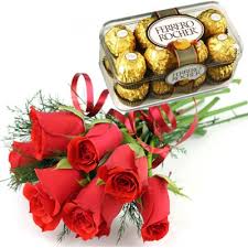 6 red roses Bunch 16 Ferrero chocolate box