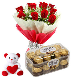 8 Red Roses with 6 inches Teddy and 16 Ferrero