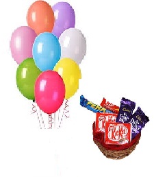 10 Air filled Balloons with Basket of chocolates(2 Kikat 2 dairy Milk 2 Perk)