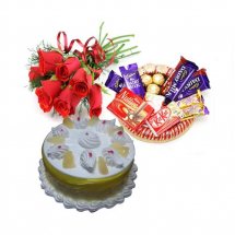 Half Kg Pineapple Cake with small chocolate basket and 6 Red roses
