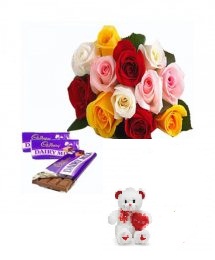 Teddy and 12 Mix Roses and 2 Dairy Milk chocolates