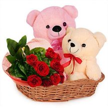 Six inches 2 Teddy bears with 6 red roses in same basket