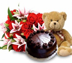 12 inches Teddy with pink lilies red roses bouquet and Half Kg chocolate cake