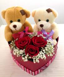 2 Teddies (6 inches) with 8 red roses in the same basket