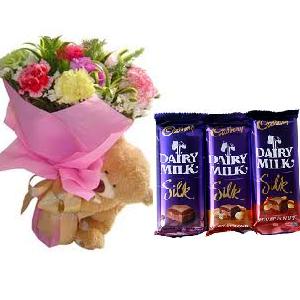 3 Silk Chocolates 6 carnations bouquet with 6 inches Teddy