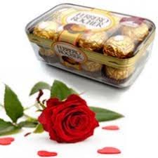 Single red rose with 16 Ferrero Rochers box