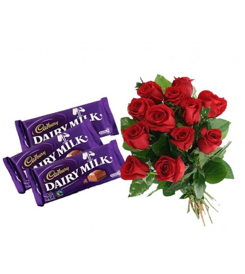 12 Red Roses +Three cadburys chocolates