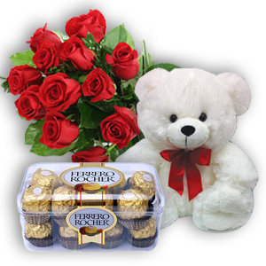 12 Red Roses bouquet with 16 Ferrero chocolate box and Teddy