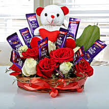 12 red roses vase Teddy Mix small cadburys chocolate basket