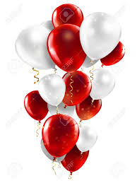 15 Helium Gas filled Red and white Balloons tied to ribbons