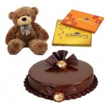 Six inches Teddy with Half kg chocolate cake and 2 Celebration chocolates