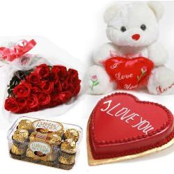 Teddy 6 inches with heart 1 Kg I LOVE YOU chocolate cake 16 Ferrero and 12 red roses