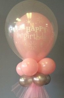Pink balloon stuffed in a clear balloon with message happy birthday with pink and silver small balloons on the stick with net