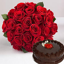 24 red roses bouquet with 1/2 Kg Dark Chocolate Cake