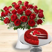 1/2 Kg Red Velvet Cake and 24 Red roses Bouquet