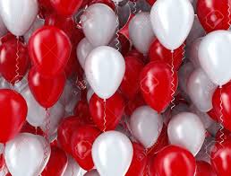 20 Helium Gas filled Red and white Balloons tied to ribbons