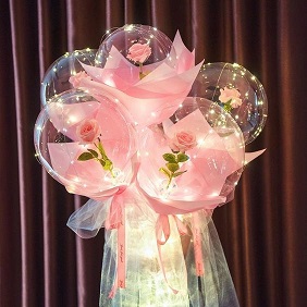 5 pink roses inside 5 transparent Luminous balloons with pink and white Wrapping