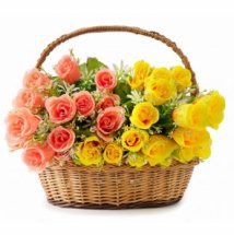 Basket of 24 orange and yellow roses