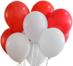 10 Helium Gas filled Red and white Balloons tied to ribbons