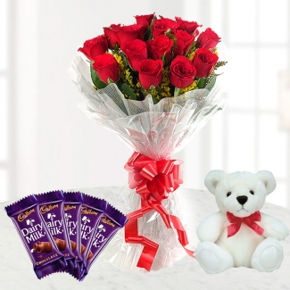 Teddy Bears (6 inches ) and 6 Red Roses with 4 Cadburys Silk Chocolates