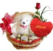 Valentine heart 3 inches 16 Ferrero Teddy One red rose all in a Basket