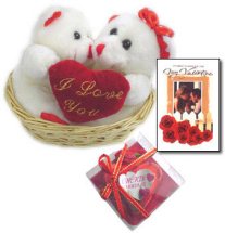 6 inches each Two Teddy bears with heart in same basket and Card