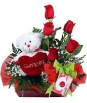 Six inches Teddy heart with 6 red roses and Card in same basket
