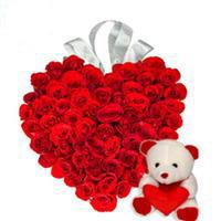 Teddy with 25 Red roses heart